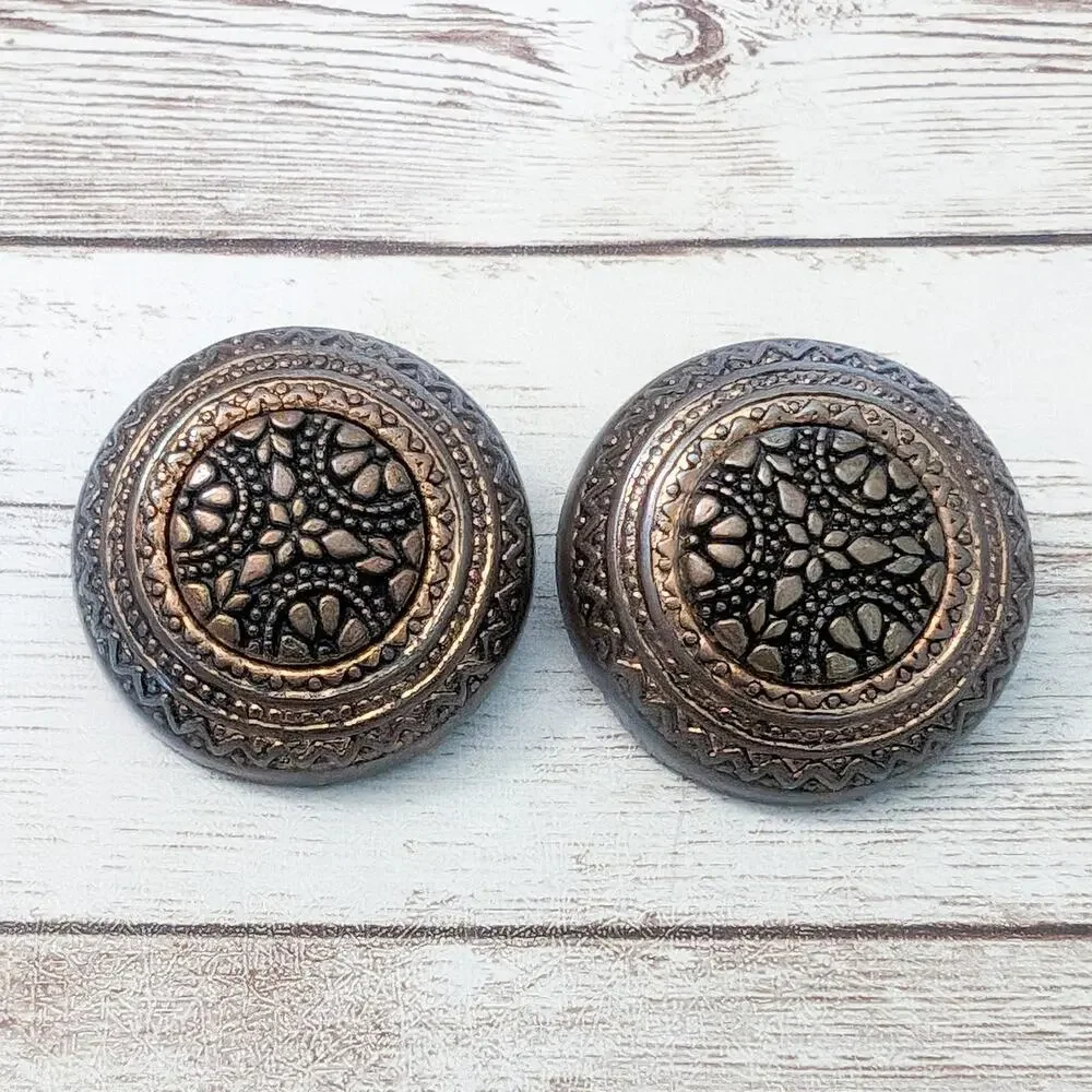 Vintage Clip On Earrings - Large and Ornate Patterned Domed Circle